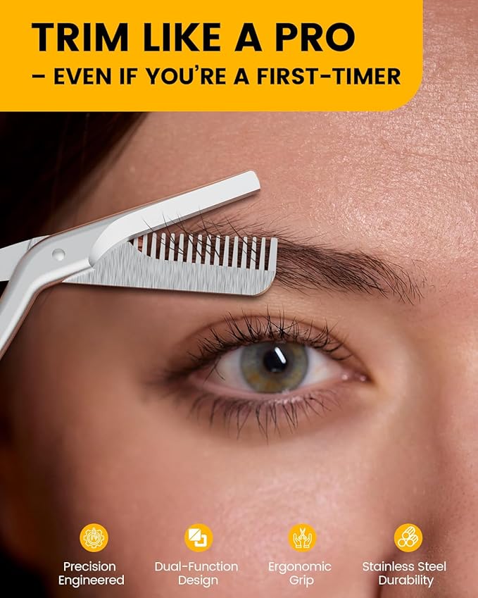 BEZOX Eyebrow Scissors with Comb - Stainless Steel Eyebrow Trimmer for Women and Men, Precision Eye Brow Comb Scissors, Sleek Eyebrows Grooming Kit - Silver