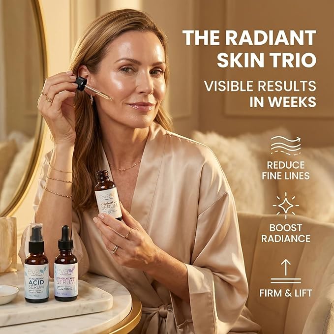 Eva Naturals Face Serum Set - Vitamin C, Azelaic Acid & Hyaluronic Acid Serum | Dark Spots, Calming, Uneven Skin Tone, Wrinkles, Fine Lines | Brightening, Anti Aging, Hydrating Facial Skincare 3x1 oz
