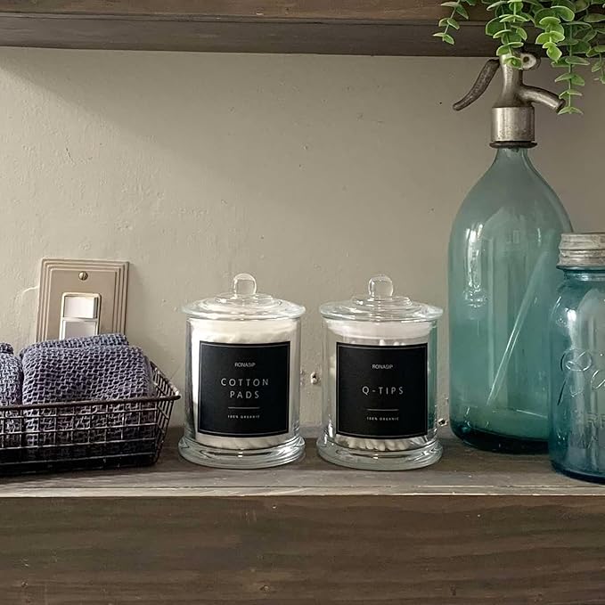 Ronasip Qtip Holder & Cotton Pad Dispenser, Bathroom Organizer and Storage Canisters, 16oz Glass Apothecary Jars for Kitchen, Restroom - Home Decor, Room Decor Aesthetic (2 Pack, Transparent)