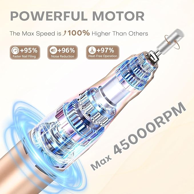 TUOBEO Nail Drill Electric Nail File Kit 45000 RPM Professional Efile Nail Set,Cordless Portable Rechargeable Acrylic Gel Nail Polish Remover Machine Pedicure Manicure Tool with for Salon Home Gold