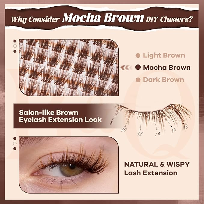 B&Q Brown Lash Clusters Natural Lash Clusters for Light Hair, Reusable MochaLash Cluster Eyelash Extensions Soft Brown False Eyelashes Comfortable Eyelash Clusters Perfect for Occasions（MochaLash 02）