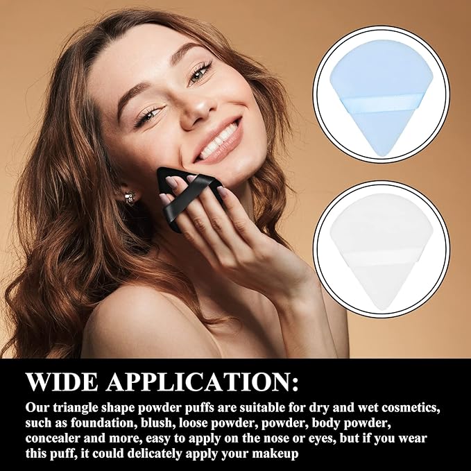 Maitys 12 Pcs Powder Puff Triangle for Face Makeup Cosmetic Loose Powder Puff Velour Soft Body Washable Reusable Foundation Sponge Wet Dry Makeup Tool for Women(Small,Black, White, Blue)