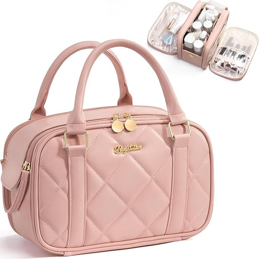 Bagstellar Travel Makeup Bag, Large Capacity Quilted Toiletry Bags for Women, Wide-open Cosmetic Bags Make Up Case Organizer Portable Pouch with Handle & Brush Holder for Traveling Accessories, Pink