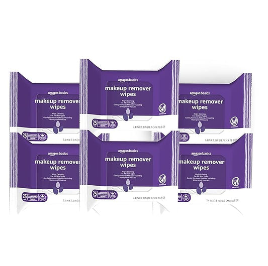 Amazon Basics Makeup Remover Wipes, Gentle Cleansing, Dermatologist Tested, Night Calming, Plant Based, Alcohol-Free, Removes Waterproof Mascara, 25 Count Per Pack, Pack of 6