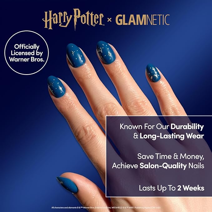 Harry Potter™ x Glamnetic Press On Nails - Luna Lovegood™ | Blue Moon & Star Celestial 3D Graphic Short Oval Nails in a Glossy Finish | 15 Sizes - 30 Nail Kit with Glue