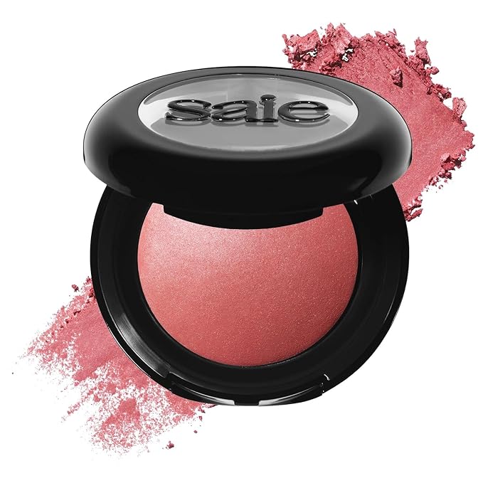 Saie Blush & Brush Duo - SuperSuede Baked Blush in Mia (.01 oz) & Powder Blush Brush - Talc-Free, Moisturizing Blush with Vegan, Fluffy Brush for Seamless Application