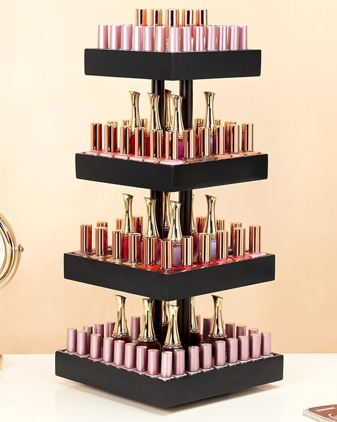 Homde Nail Polish Display Stand and Storage: 360 Degree Rotating Bamboo Rack Organizer, 4 Tier Makeup Holder for Fast Access on Countertop or Vanity for Girls & Women,Black