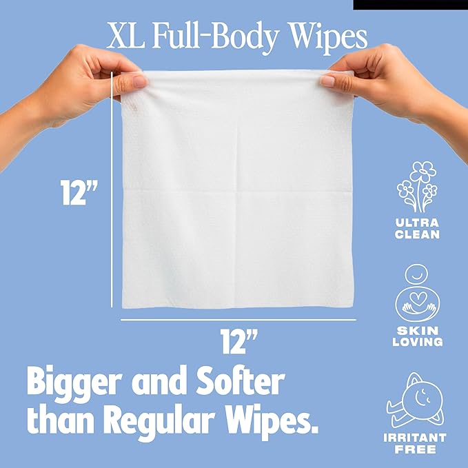 HyperGo XL Body Wipes for Women & Men – 12" x12" Rinse-Free Full Body Cleansing Wipes 2-20 Count Packs - Unscented | Biodegradable, Hypoallergenic, Aloe-Infused | Gym, Festival, Camping Essentials