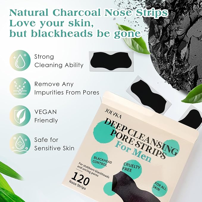 JOLVKA Blackhead Remover Pore Strips For Men, (120 Strips) Deep Cleansing Nose Strips - Charcoal Pore Strips - Unclogs Pores