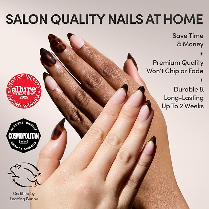 Glamnetic x GLAMZILLA Press On Nails - KILLAZILLA | Short Almond Tortoiseshell Fake Nails with French Tips, Salon Quality | 15 Sizes - 30 Nail Kit with Glue