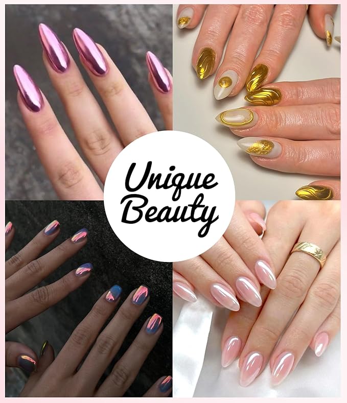 BISHENGYF Gold Chrome Nail Powder - 6pcs Sparkly Laser Holographic Nail Powder Metallic Mirror Effect Pink Nail Chrome POwder, White Pearl Pigment Holo Iridescent Glitter Dust Kit, Nail Art Decoration