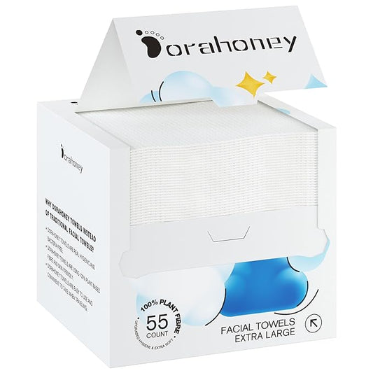 Dorahoney Disposable Face Towels, 12"×12" Extra Large Face Towelettes, Ultra Soft Facial Towels for Sensitive Skin, Makeup Remover Dry Wipes, 55 Count (1 Pack)
