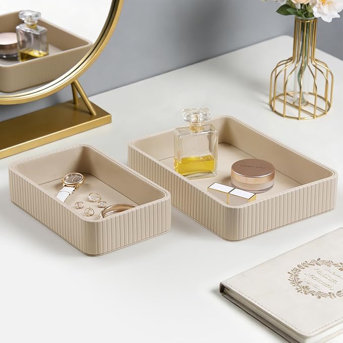 MEIBOOCH 2 Pack Nightstand Organizer Tray, Decorative Perfume Valet Tray Trinket Dish Catch All Purse Key Bowl, PU Leather Coffee Table Trays for Vanity Dresser Bedside Bathroom Countertop (Beige)
