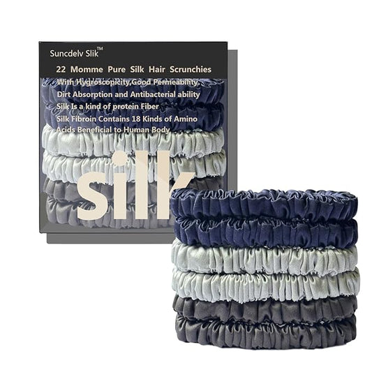 Suncdelv Silk,100% Silk Scrunchies for Hair,22 Momme Hair Ties for Anti-Crease & Breakage,Natural Women Hair Accessories，Fashion Hairbands 6PCS(Navy Blue, Silver Gray, Dark Gray)