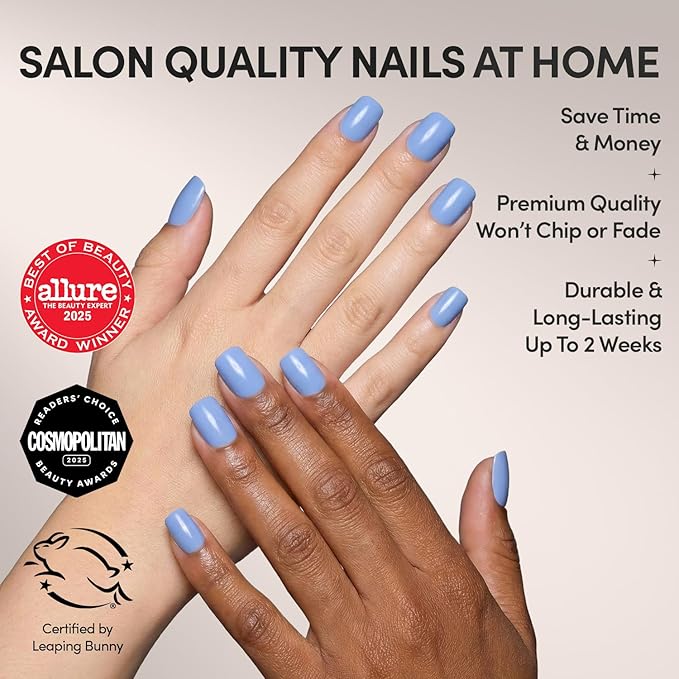 Glamnetic Press On Nails - Cashmere Blue | Opaque Soft Pale Sky Blue Short Squoval Fake Nails, Salon Quality | 15 Sizes - 30 Nail Kit