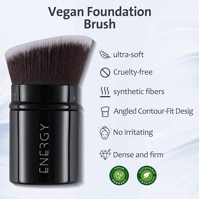 ENERGY Kabuki Foundation Brush Mini - Makeup Brush Retractable Travel for Liquid Loose Powder & Blush Buffing, Bronzer & Cream Blending, Angled Face Cosmetic Brushes Cruelty Free With Cover (Black)