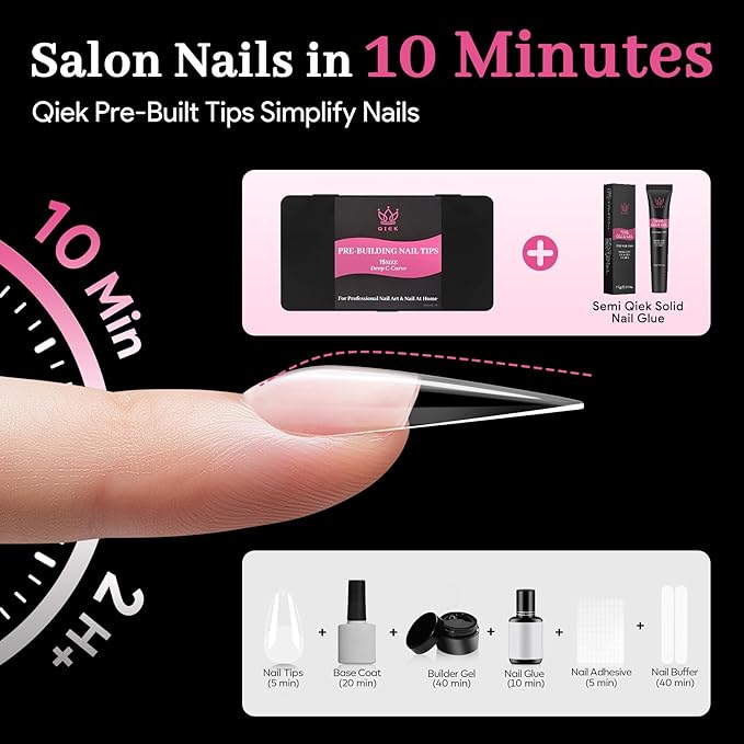 Qiek Long Stiletto Pre-Building Nail Tips, 15 Sizes 240 PCS Pre-shaped Apex Clear Soft Press On Fake Nail Half Matte Gel Nail Extensions Strong Thick Acrylic Tip for DIY Beginners & Salon Manicure