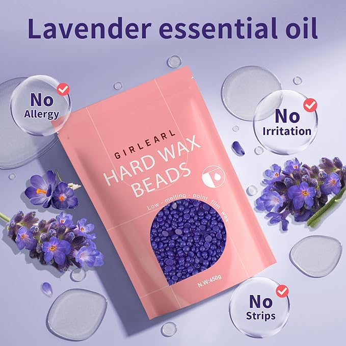 GIRLEARLE Hard Wax Beads, Wax for Women Sensitive Skin, 1lb, Lavender Formula, Hair Removal for Legs, Brazilian Bikini, Eyebrow, Facial and Full Body