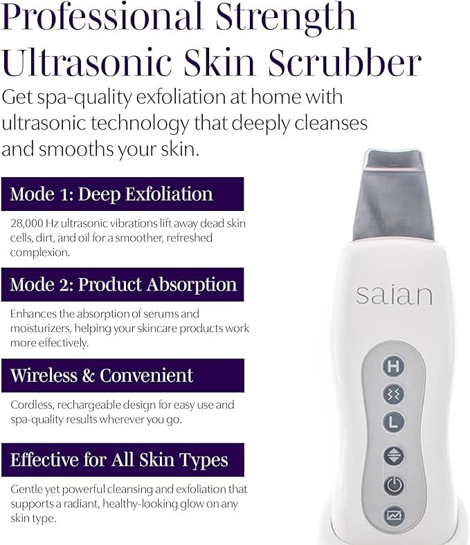 Saian Professional Strength Ultrasonic Skin Scrubber - Face Spatula Exfoliator & Pore Cleaner for Blackhead, Whitehead & Sebaceous Removal - Gentle Deep Cleaning Tool for Smooth, Glowing Skin