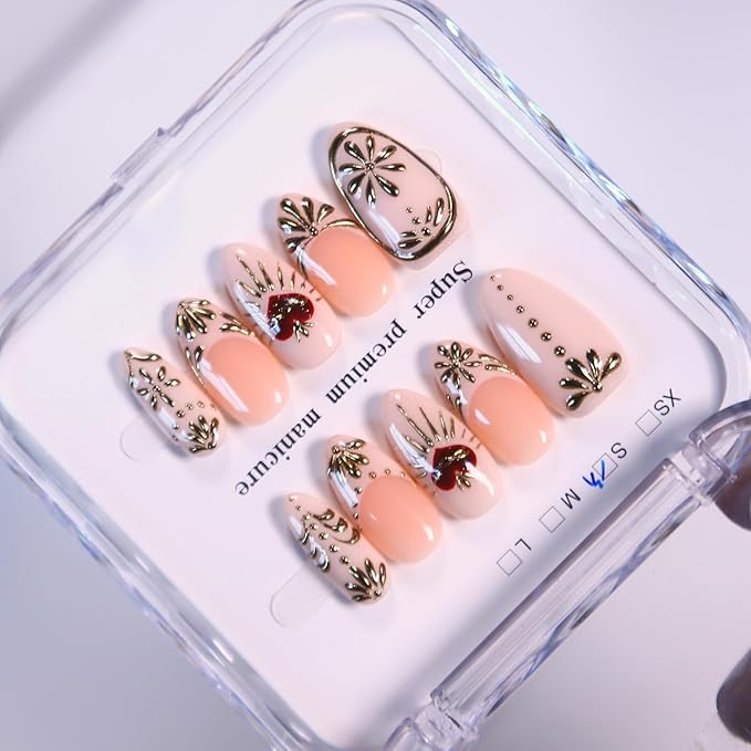 Press On Nails - Short Almond Handmade Unique Fake Nails, Artistic Design, Thick Acrylic and Muti-Layer Gel False Nails, Reusable UV Gel Cured Sturdier 3D Fake Nails,DIY Art Decorate