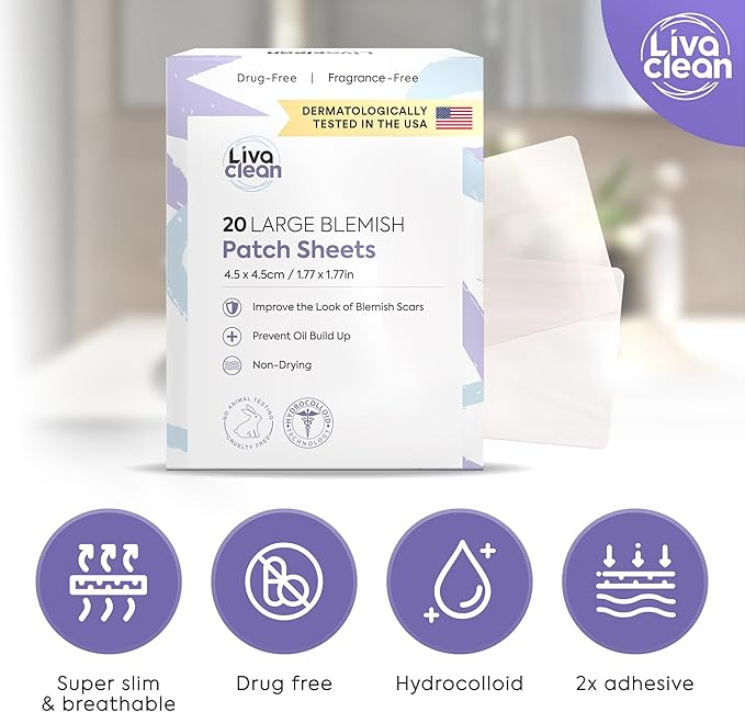 LivaClean 20CT Large Hydrocolloid Acne Patches - For Pore Spots Nose Face Cystic Pimple Zit Patch - Big Pimple Patches Hydrocolloid Bandages Strips Stickers Acne Patch XL Large