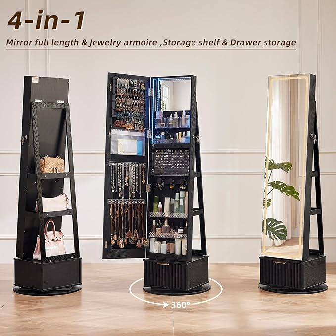 Fluted 360° Swivel Jewelry Armoire Cabinet Standing with Full Length Mirror, Lockable Jewelry Organizers and Drawer Storage with 3 Color LED Lights & Interior Mirror Rear Storage Shelves