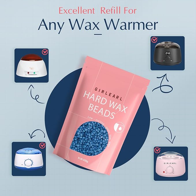 GIRLEARLE Hard Wax Beads, 1lb Wax Beans for Hair Removal, Hard Wax for Women Sensitive Skin at Home, Wax Refill Perfect for Brazilian Bikini, Eyebrow, Legs, Facial and Full Body with Chamomile Formula