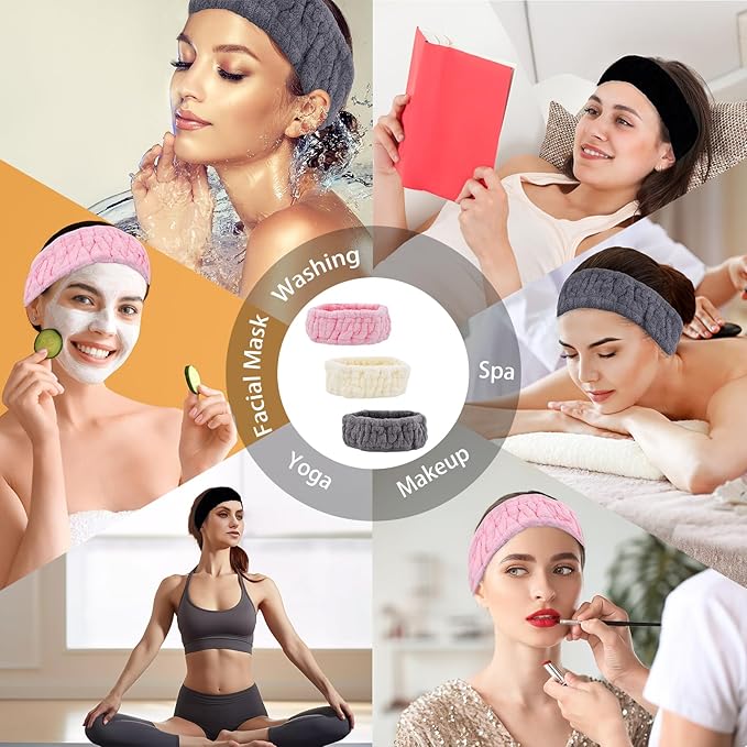 Pejnl Microfiber Spa Headband 3-Pack, Soft Terry Cloth Headband for Washing Face, Facial Mask, Makeup, Shower, Yoga, Gift for Women and Teens (Gray+Milk White+Pink)