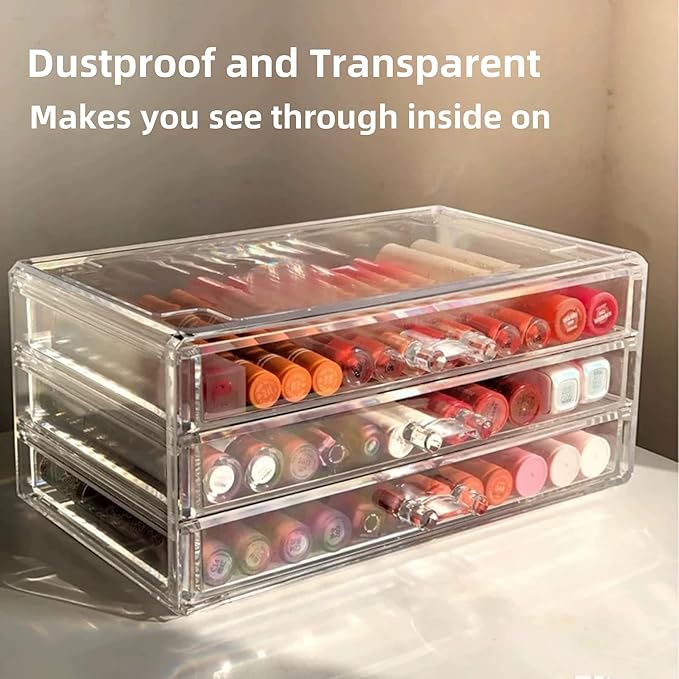 Feadily 1PCS Acrylic Jewelry Organizer Box, Jewelry Drawer Organizer With 3 Drawers, Nail Art Decoration Storage Box, Clear