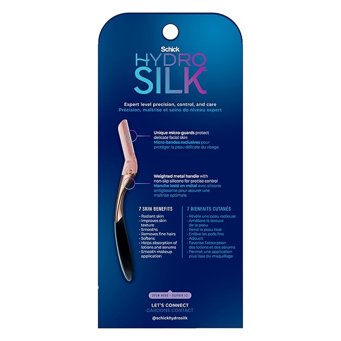 Schick Hydro Silk Dermaplaning Wand, Dermaplaning Tool for Face | Dermaplane Razor for Women Face, Eyebrow Razor, Peach Fuzz Remover, Includes 1 Weighted Metal Handle with 3 Refill Blades