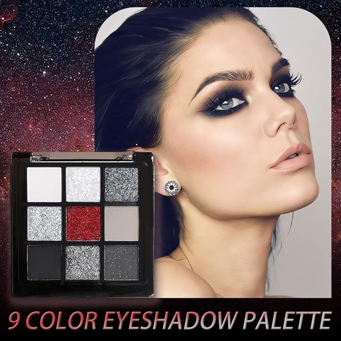 Smokey Black Red Eyeshadow Palette,9 Colors Dark Shimmer Matte Metallic Makeup Pallet,Make Up Kit for Halloween Parties Christmas Joker Vampire Clown,Long Lasting Waterproof
