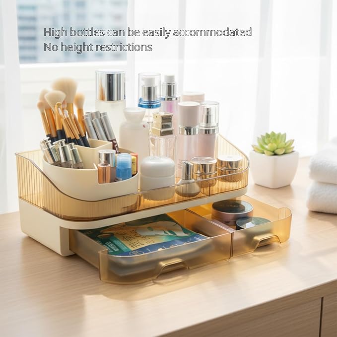 Extra Large Capacity Makeup Organizer with Brush Holder - Plastic Vanity Countertop Storage for Full Skincare & Cosmetic Collection