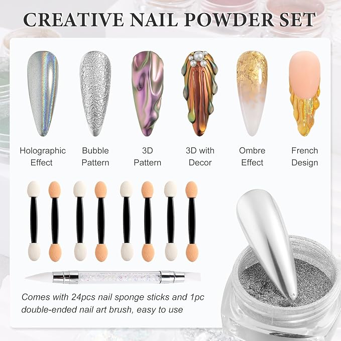 SUTOKAKA 24 Colors Chrome Nail Powder Set Holographic Iridescent Mirror Effect Metallic Nail Powder Unicorn Aurora Pearl Dust Nail Pigment for Gel Nails DIY Nail Decorations