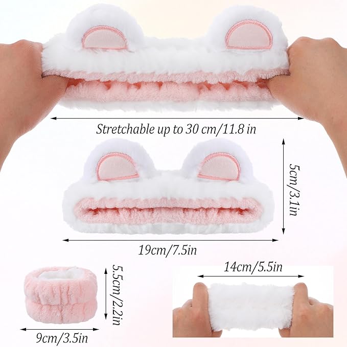 DOPENSPI 3Pcs Face Wash Headband with Wrist Towels, Soft Elastic Bear Ears Spa Headband Face Wash Hair Band Wristband Makeup Headbands for Women Skincare Bath Shower