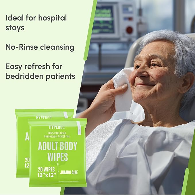 HyperGo XL Body Wipes for Women & Men – 12" x12" Rinse-Free Full Body Cleansing Wipes 2-20 Count Packs - Cucumber | Biodegradable, Hypoallergenic, Aloe-Infused | Gym, Festival, Camping Essentials