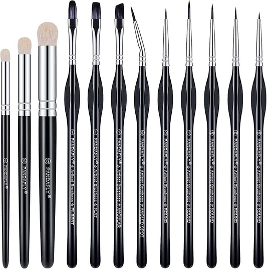 PANDAFLY Miniature Paint Brushes Drybrush Set, 12 Sizes Detail Paint Brush Set, Small Fine Detail Brushes for Acrylic, Watercolors, Oil, Paint by Number, Figurine