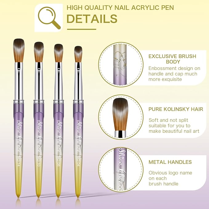 Shine Chance 4Pcs Acrylic Nail Brushes Set, Kolinsky Acrylic Nail Art Brush, Art Design & Polish Mistake Cleaning Manicure Tools for Women Acrylic Application (Size 4 8 10 14), Yellow