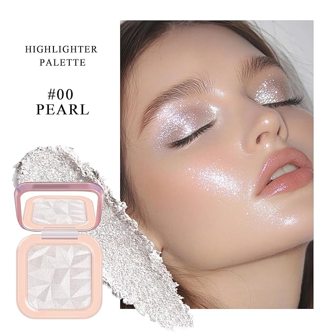 Highlighter Makeup Palette, High Glossy Face Illuminator Palette, Pearl Shimmer Smooth Baked Powder with Natural Glow Finish, Face Glitter Lasting Sparkling Luminizers Highlighter-PEARL