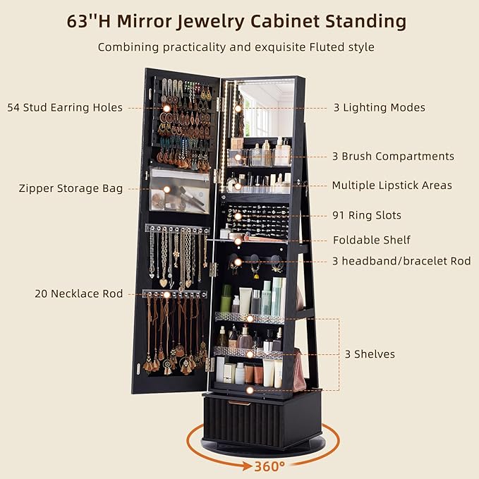 Fluted 360° Swivel Jewelry Armoire Cabinet Standing with Full Length Mirror, Lockable Jewelry Organizers and Drawer Storage with 3 Color LED Lights & Interior Mirror Rear Storage Shelves