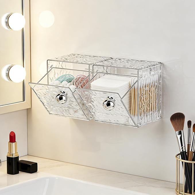 IWNTWY Qtip Holder Dispenser, Wall Mounted Plastic Cotton Pad Holder, Cotton Ball, Swabs, Floss, Makeup Organizers Containers for Vanity Bathroom (Clear, 2 Pcs)