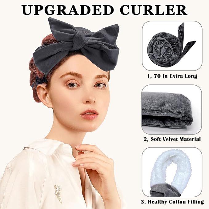 Gwabee No Heat Overnight Hair Curlers Headband, 70" Soft Ribbon Curl Wrap for Long Hair - 9 PCS Curling Rods Set - Grey