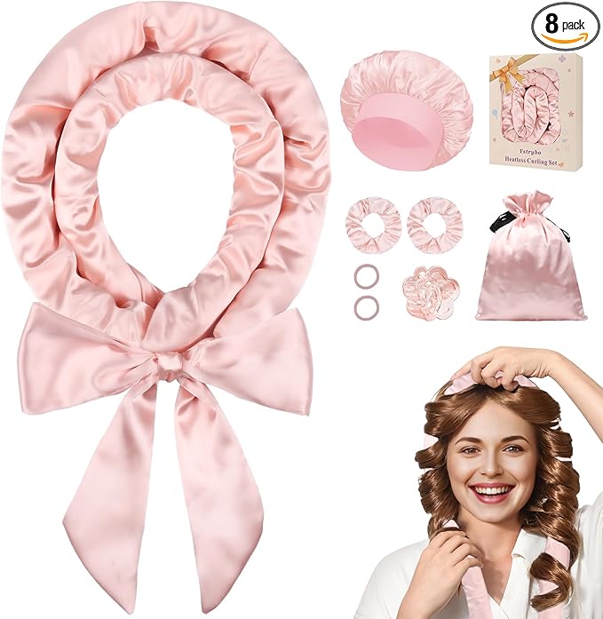 Ystrybo Satin Heatless Hair Curler Curls Overnight Hair Curlers to Sleep In, Hair Curlers No Heat Curls Overnight, Heatless Curling Set for Women Long Hair - 8 Pcs (Blush Pink)