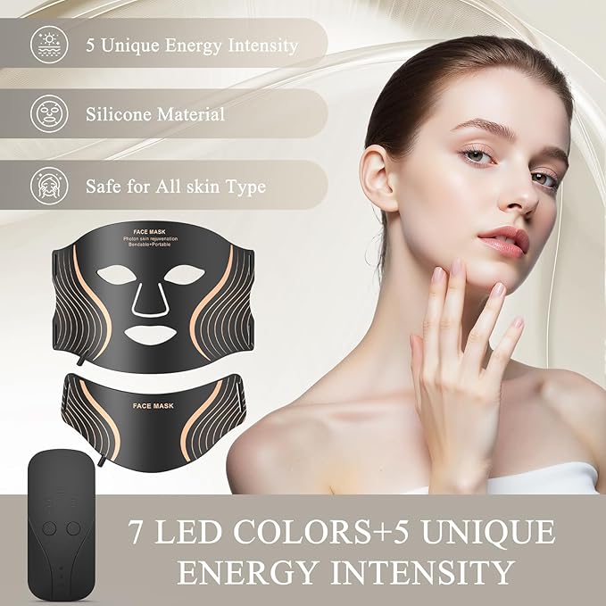 Red Light Therapy for Face & Neck, LED Red Light Therapy Mask for Anti-Aging, Wrinkle Reduction, and Skin Firming, Rechargeable LED Face Mask Light Therapy, 7 Modes, 5 Levels, Home & Travel Use