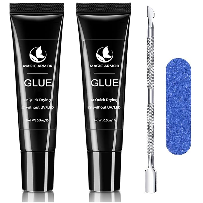 2pcs Nail Glue for Press On Nail with Cuticle Pusher Set, No UV Needed, Quick Dry Strong Semi Solid Glue for Press On, Long Lasting Adhesive for Fake Acrylic Nails