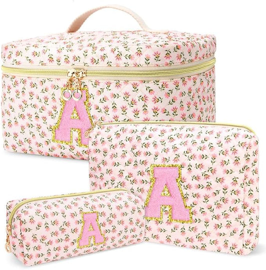 3 PCS Travel Makeup Bag Set, A–Z Initials Cotton Quilted Cosmetic Bag for Women & Preppy, Personalized Toiletry Bag Travel Accessories Makeup Brushes Organizer, Valentine’s Day & Birthday Gift for Her