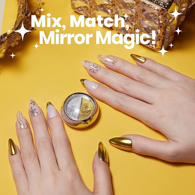 Beetles Chrome Nail Powder 2 Colors Mirror Effect Gold Silver Metallic Cromer Powder for Nail Solid Pigment Nails Art Decoration Glitter Manicure Design Gift for Women
