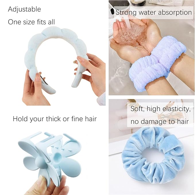 BluOcnMkt 6PCS Skincare Headband Set Blue Spa Makeup Headbands for Women, Large Flower Hair Clip, Velvet Hair Scrunchies