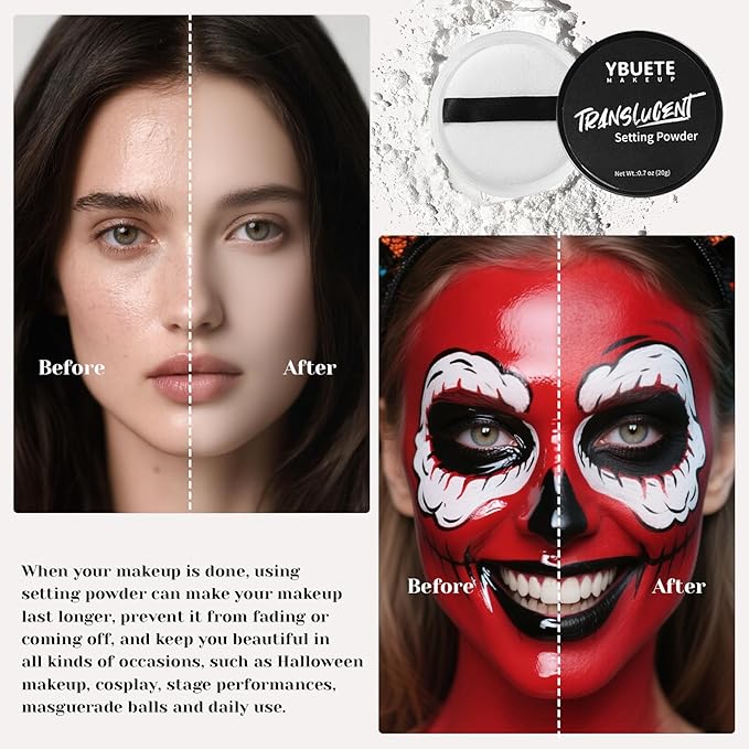 Black Orange Face Body Paint Stick Set with Translucent Setting Powder and Sponges, Professional Full Coverage Face Painting for Adults Halloween Cosplay SFX Tiger Pumpkin Clown Makeup