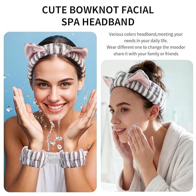 PERFECTSIGHT 2 Pack Cute Animal Headbands for Makeup Wash Shower Adjustable Elastic Hair Band for Girls and Women (Gray Cat Ear)