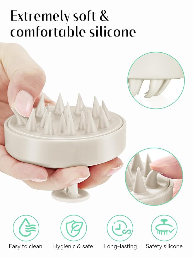 HEETA Scalp Massager Hair Growth, Soft Silicone Scalp Scrubber Shampoo Brush for Exfoliation, Dandruff Removal Head Massage Stress Relax, Wet & Dry Use for Thick Thin Curly Hair Care, Beige